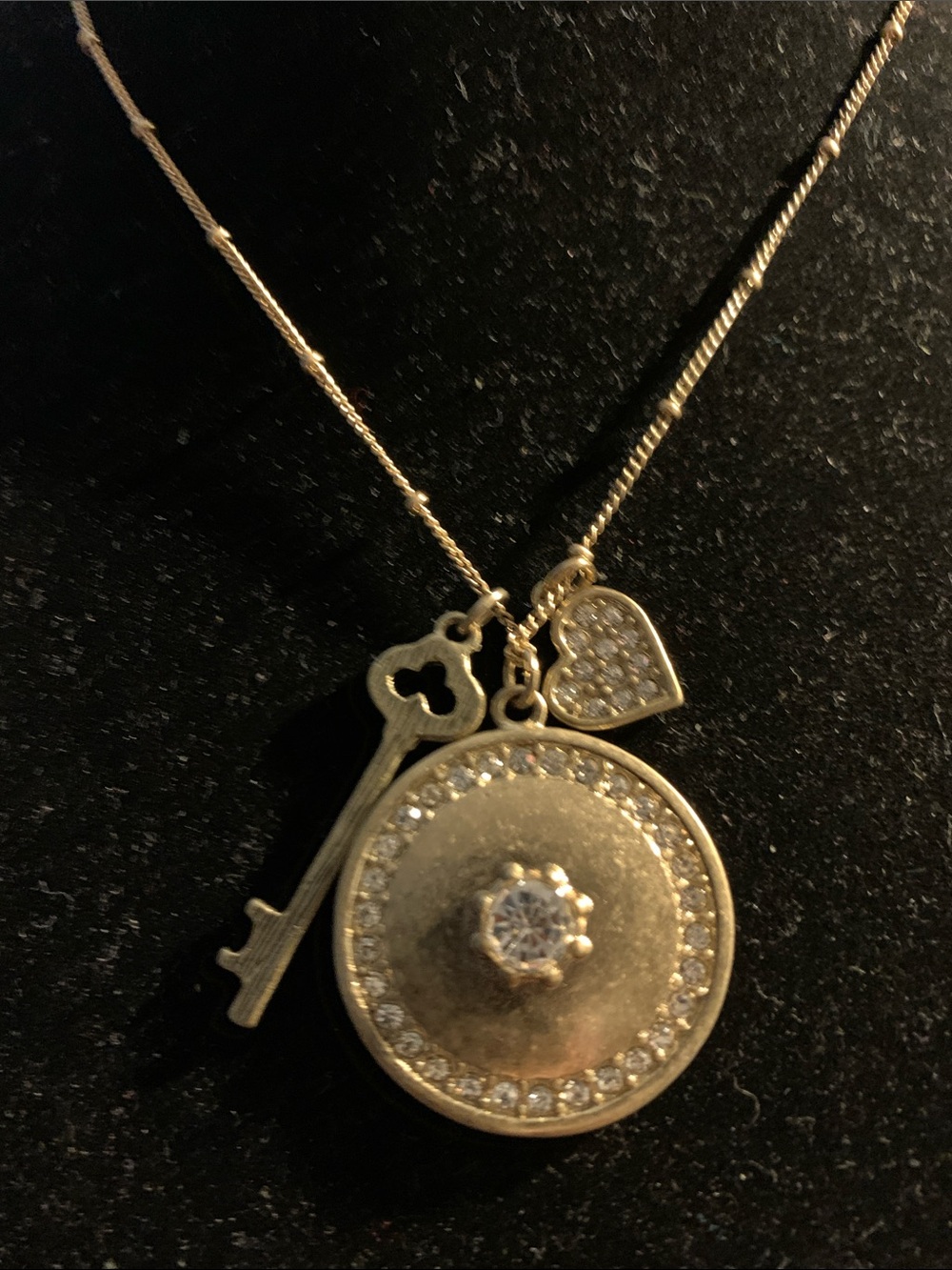 Chico's Gold-Tone Crystal Disc Necklace with Key & Heart Charms